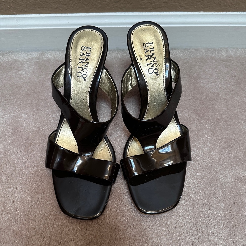 Franco Sarto Patent Leather Woven Heel Sandals